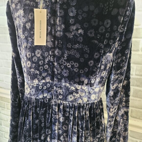 Rebecca Taylor Liane Velvet Dress V-neck Blue Floral NEW $498 sz 12 Elegant - Picture 9 of 11